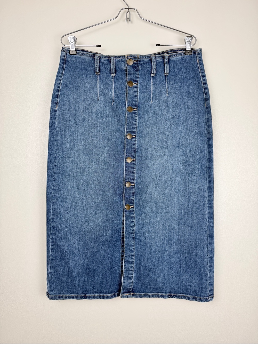 Denim Button Front Midi Skirt Size 12 High Waist Jean Skirt Dark Wash Country